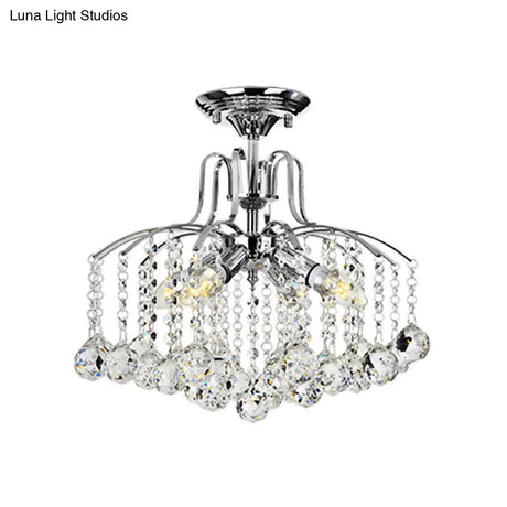 Sleek Cascade Ceiling Fixture Crystal Ball - 8 - Head Semi Flush Light In Chrome For Living Room