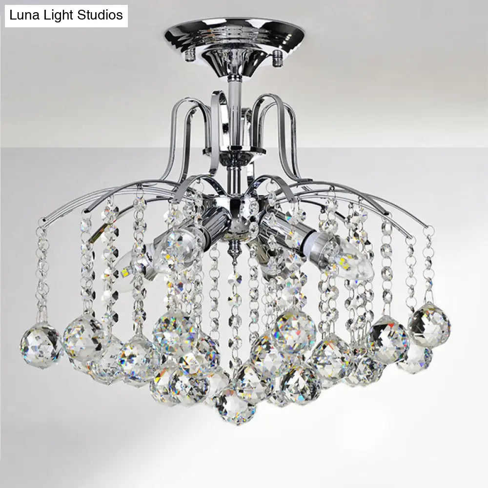 Sleek Cascade Ceiling Fixture Crystal Ball - 8-Head Semi Flush Light In Chrome For Living Room