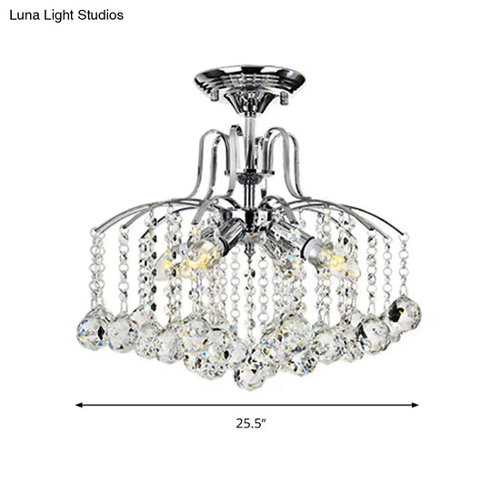 Sleek Cascade Ceiling Fixture Crystal Ball - 8-Head Semi Flush Light In Chrome For Living Room