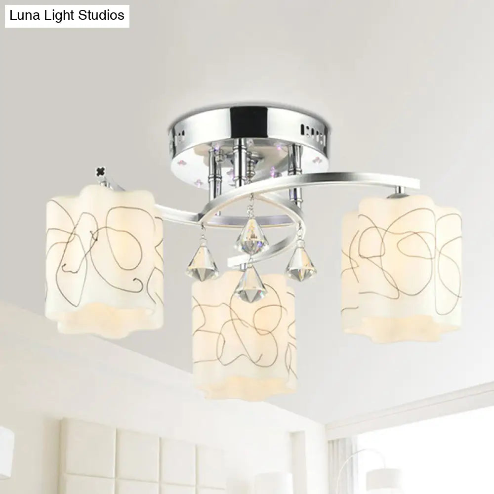 Sleek Chrome Ceiling Flush Mount With Frosted Glass Scalloped Semi Design & Crystal Drop - 3/5 Bulbs