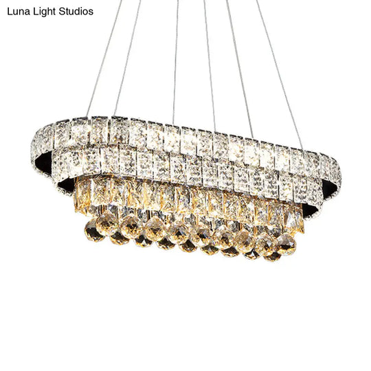 Sleek Chrome Led Restaurant Island Ceiling Light With Elegant Oval Crystal Shade