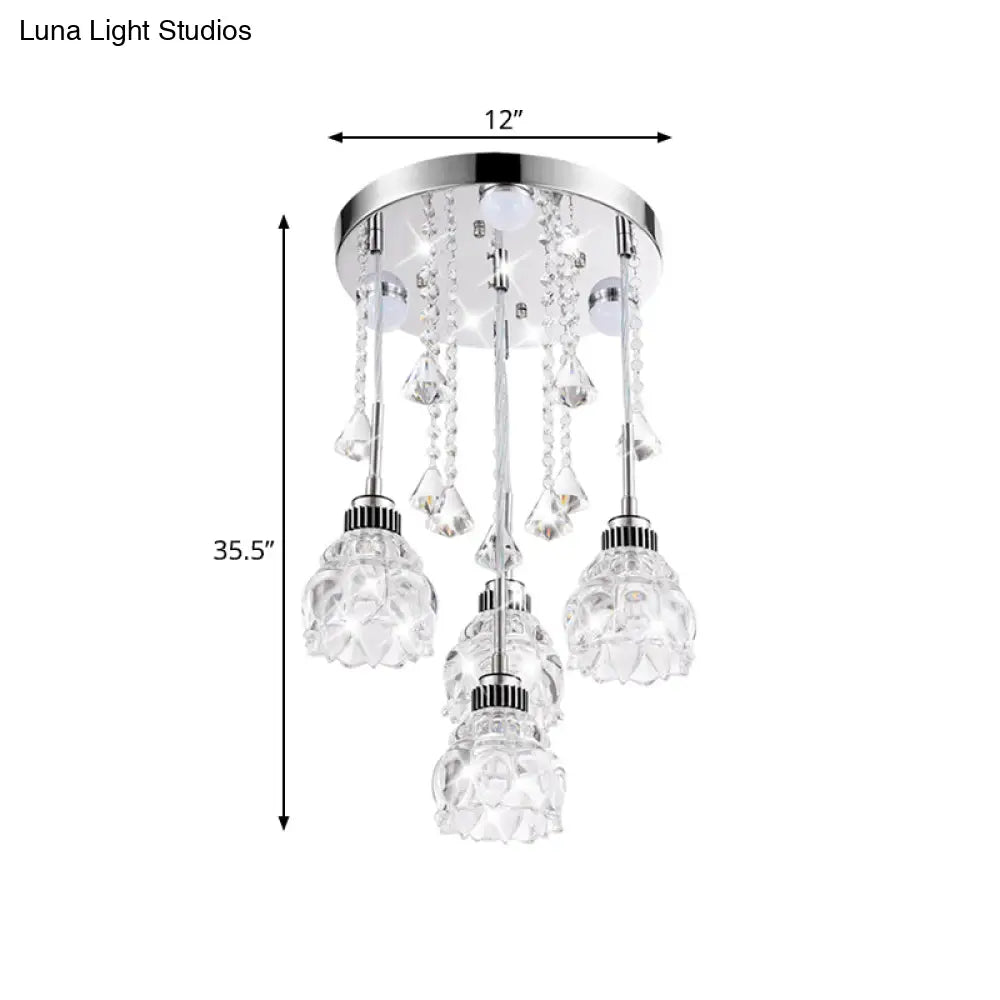 Sleek Chrome Semi Flush Light Fixture With Lotus Crystal Shade - Perfect For Modern Dining Rooms