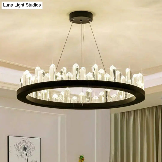 Sleek Clear Crystal Ring Chandelier Light: 3-Bulb Simplicity With Black Pendant Fixture