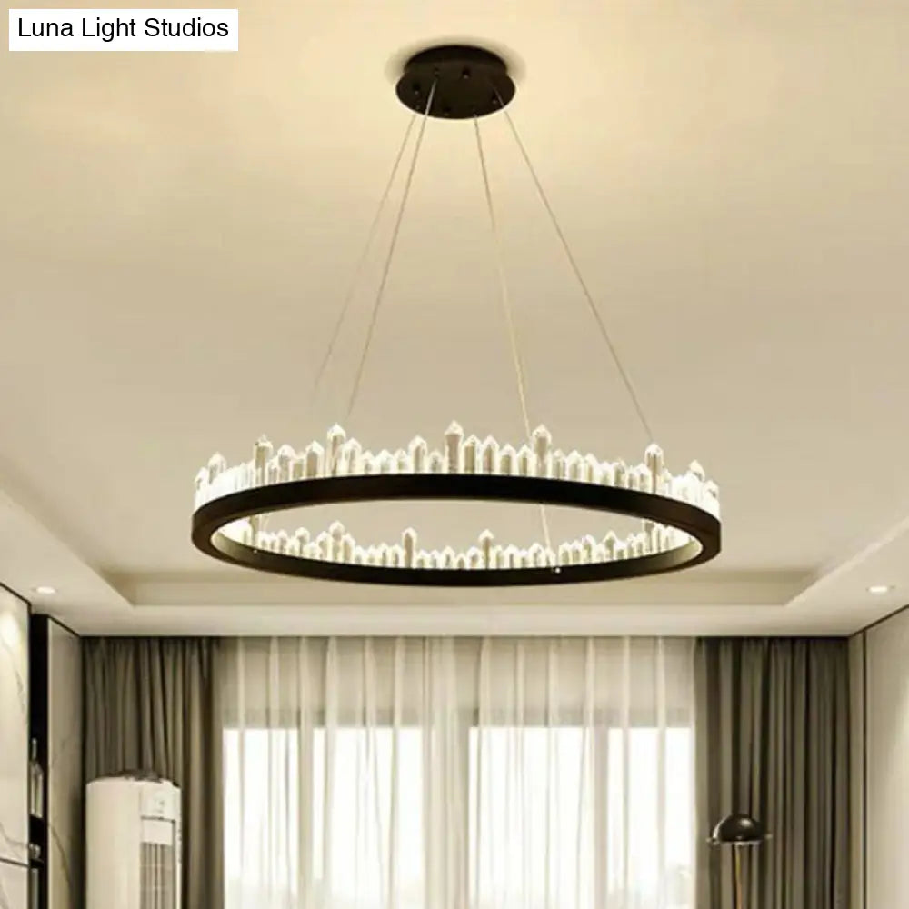 Sleek Clear Crystal Ring Chandelier Light: 3-Bulb Simplicity With Black Pendant Fixture