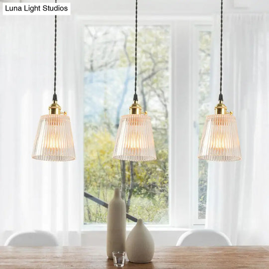 Clear Ribbed Glass Hanging Pendant Light For Restaurants - Tapered Simplicity Design With 1 Bulb