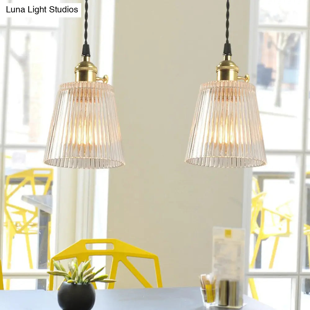 Clear Ribbed Glass Hanging Pendant Light For Restaurants - Tapered Simplicity Design With 1 Bulb