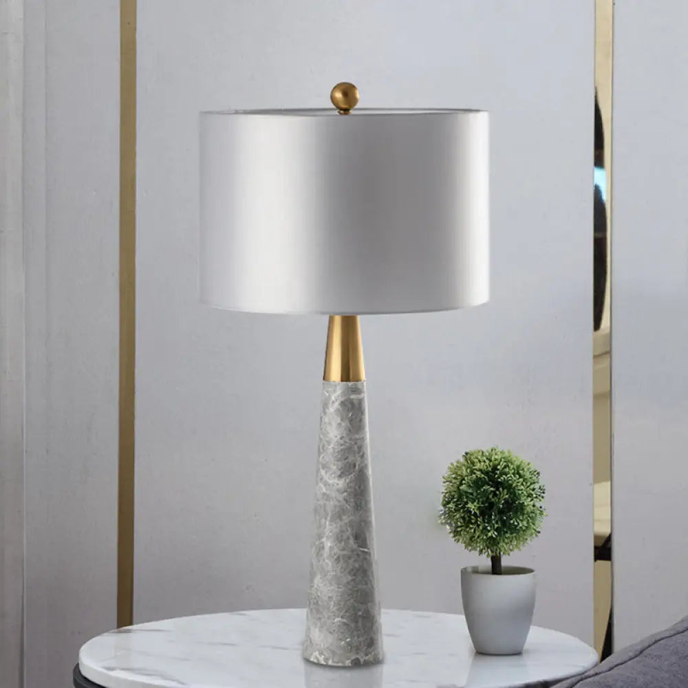 Sleek Conical Table Lamp With Marble Base - Elegant Grey Nightstand Light Drum Fabric Shade