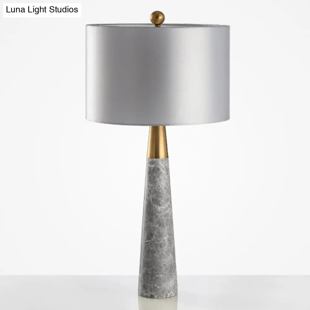 Sleek Conical Table Lamp With Marble Base - Elegant Grey Nightstand Light Drum Fabric Shade