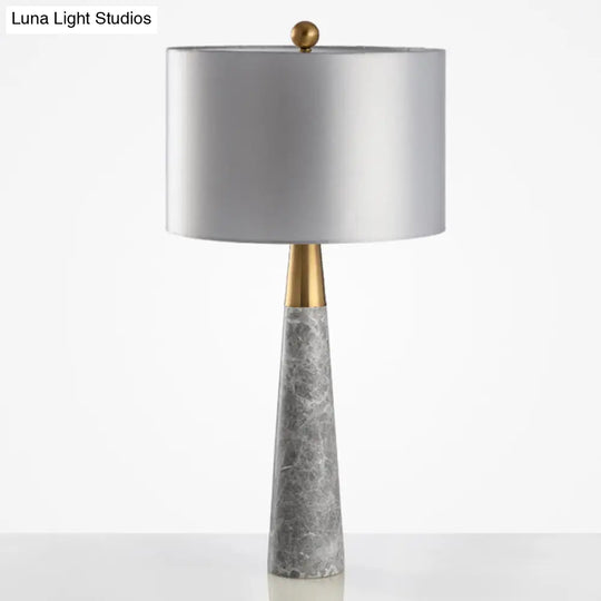 Sleek Conical Table Lamp With Marble Base - Elegant Grey Nightstand Light Drum Fabric Shade