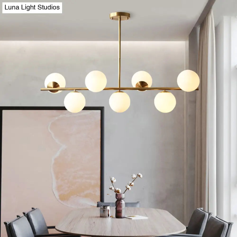 Sleek Cream Glass Spherical Dining Room Pendant Light With 7 Gold Heads - Postmodern Island Lamp