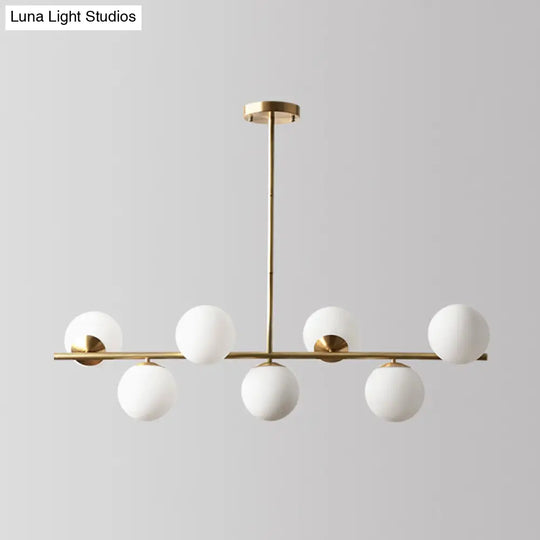 Sleek Cream Glass Spherical Dining Room Pendant Light With 7 Gold Heads - Postmodern Island Lamp