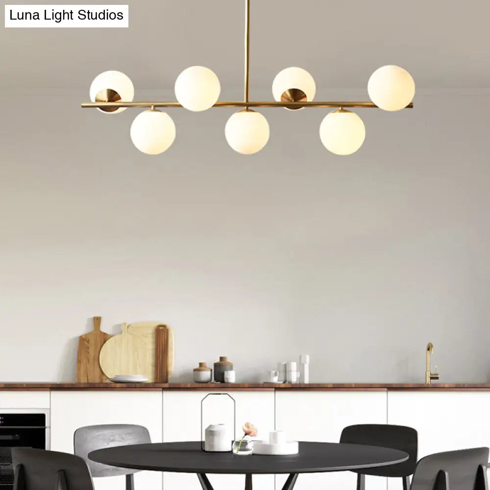 Sleek Cream Glass Spherical Dining Room Pendant Light With 7 Gold Heads - Postmodern Island Lamp