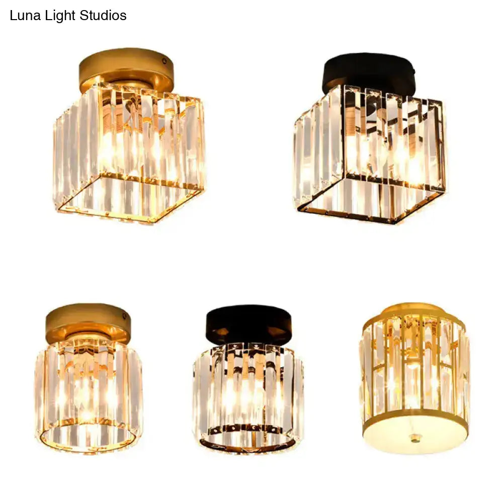 Sleek Crystal Ceiling Lamp: Square/Cylinder Corridor Semi Flush Mount In Black/Gold For Simplicity