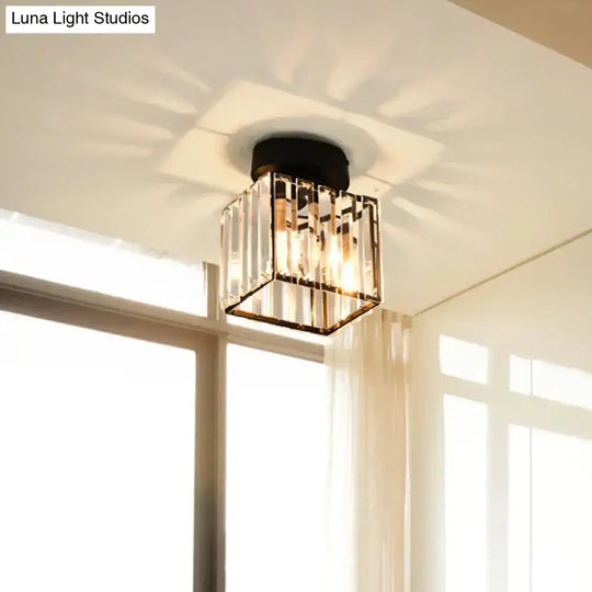 Sleek Crystal Ceiling Lamp: Square/Cylinder Corridor Semi Flush Mount In Black/Gold For Simplicity