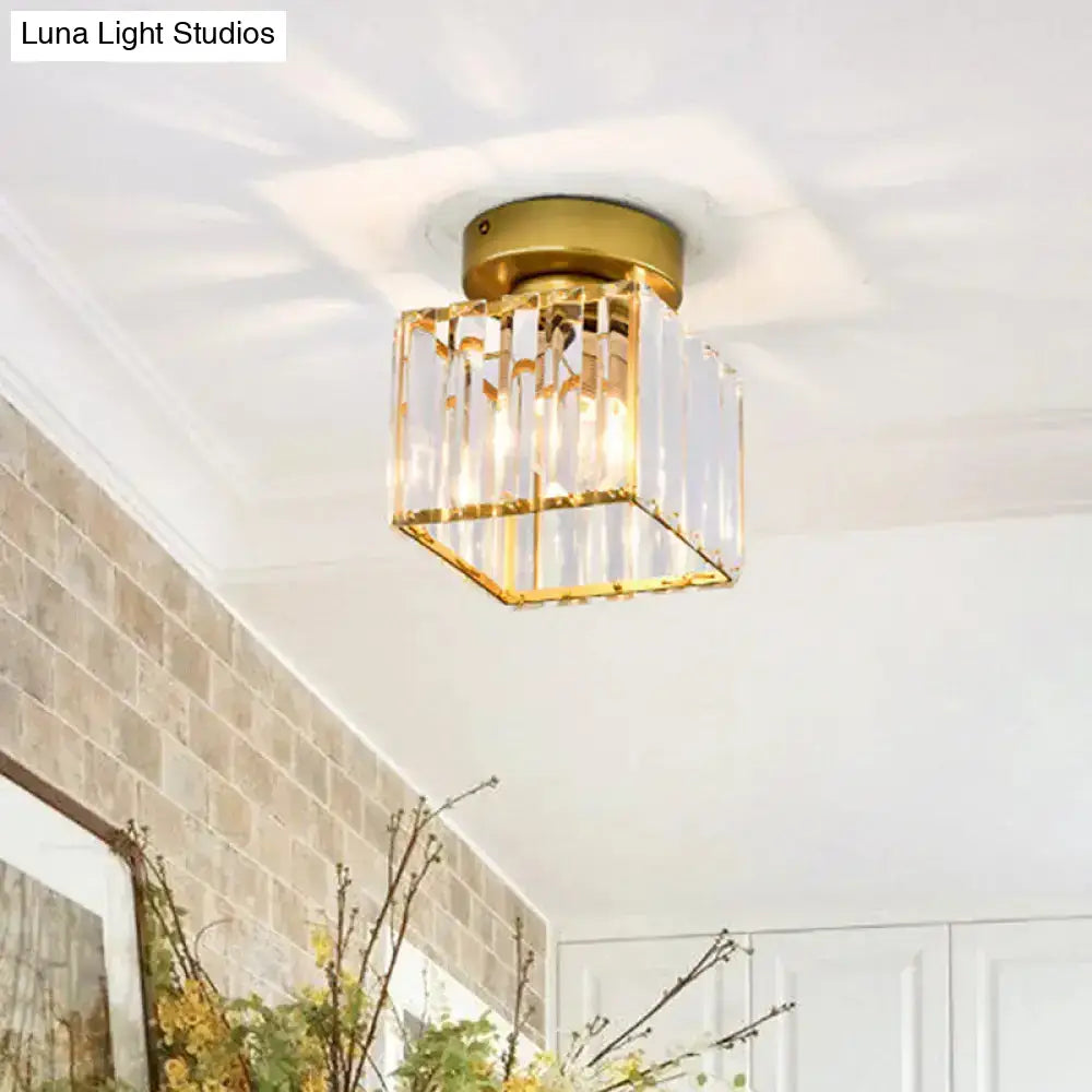 Sleek Crystal Ceiling Lamp: Square/Cylinder Corridor Semi Flush Mount In Black/Gold For Simplicity