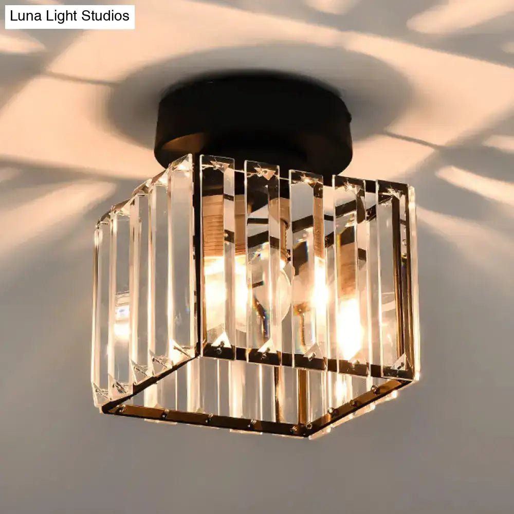 Sleek Crystal Ceiling Lamp: Square/Cylinder Corridor Semi Flush Mount In Black/Gold For Simplicity