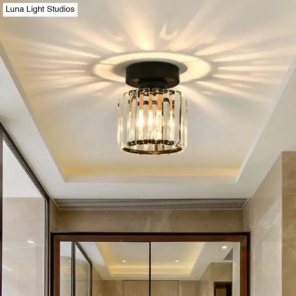 Sleek Crystal Ceiling Lamp: Square/Cylinder Corridor Semi Flush Mount In Black/Gold For Simplicity