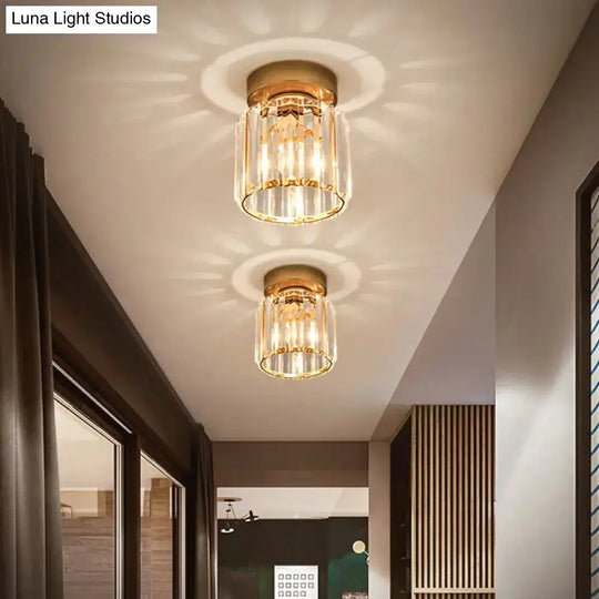 Sleek Crystal Ceiling Lamp: Square/Cylinder Corridor Semi Flush Mount In Black/Gold For Simplicity