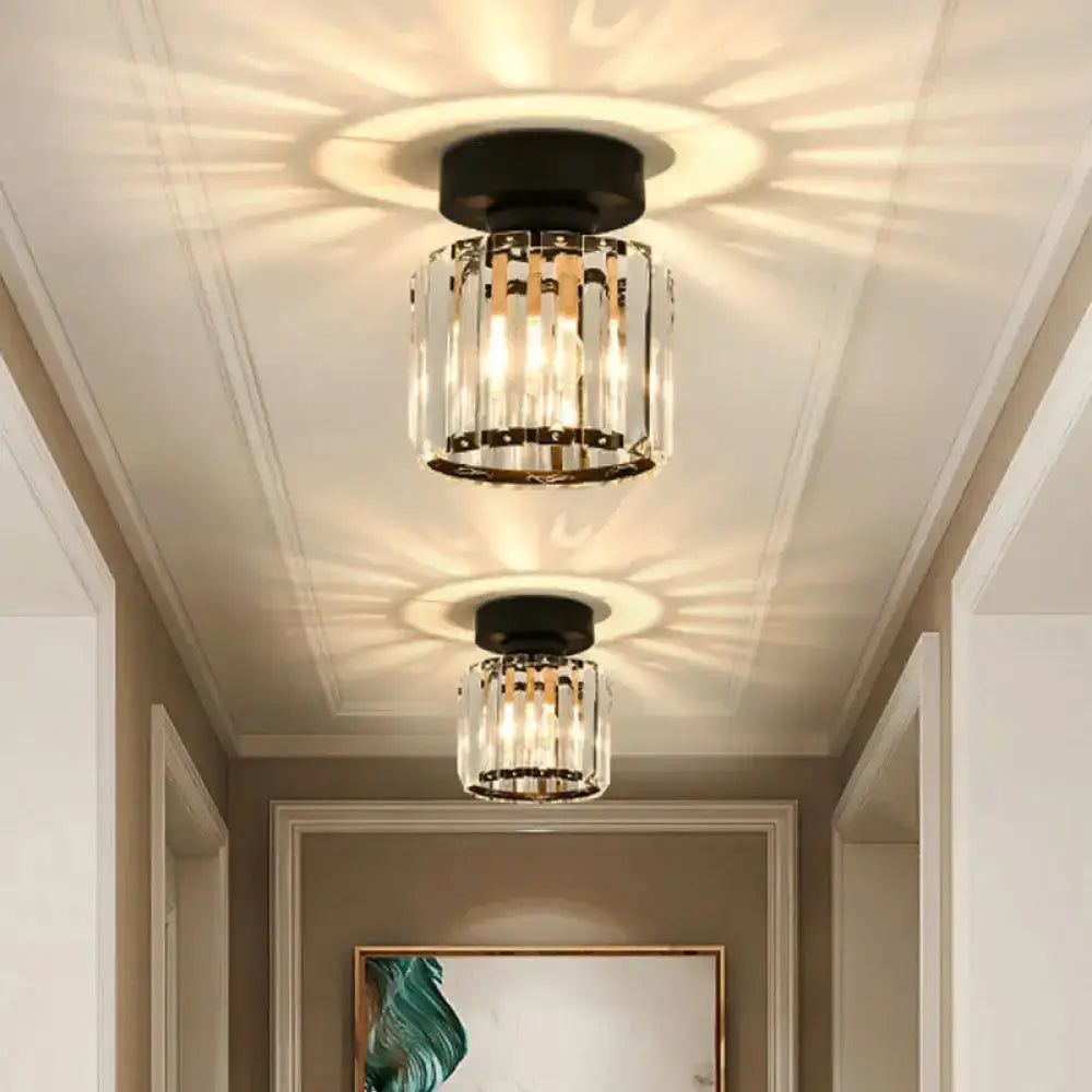 Sleek Crystal Ceiling Lamp: Square/Cylinder Corridor Semi Flush Mount In Black/Gold For Simplicity