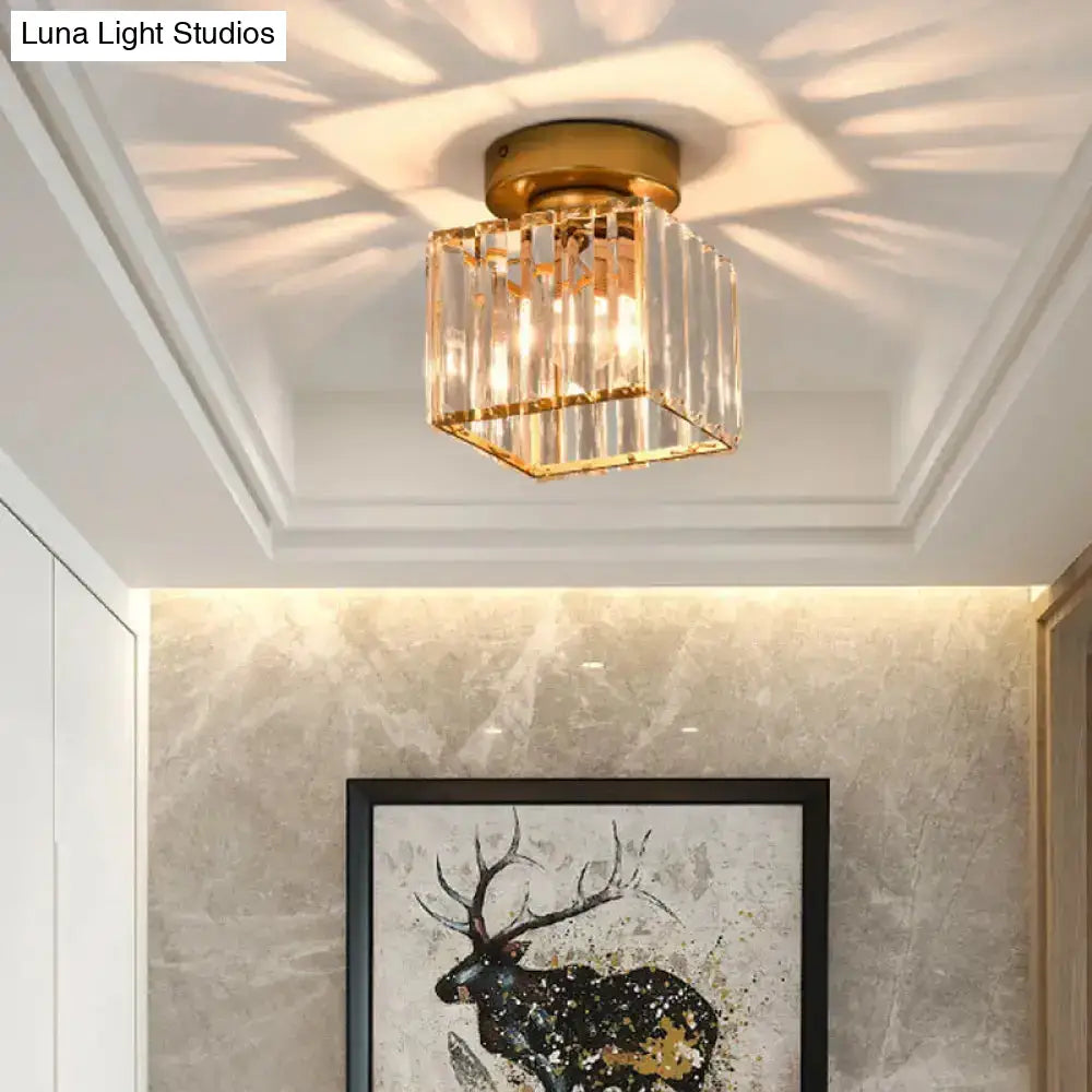 Sleek Crystal Ceiling Lamp: Square/Cylinder Corridor Semi Flush Mount In Black/Gold For Simplicity