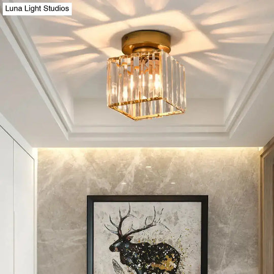 Sleek Crystal Ceiling Lamp: Square/Cylinder Corridor Semi Flush Mount In Black/Gold For Simplicity