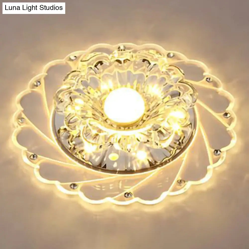 Sleek Crystal Flush Mount Ceiling Light With Led Flower Design For Entryway Clear / 3W Warm