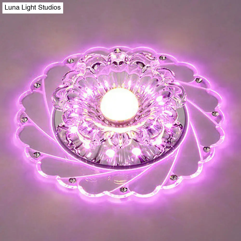 Sleek Crystal Flush Mount Ceiling Light With Led Flower Design For Entryway Clear / 3W Purple