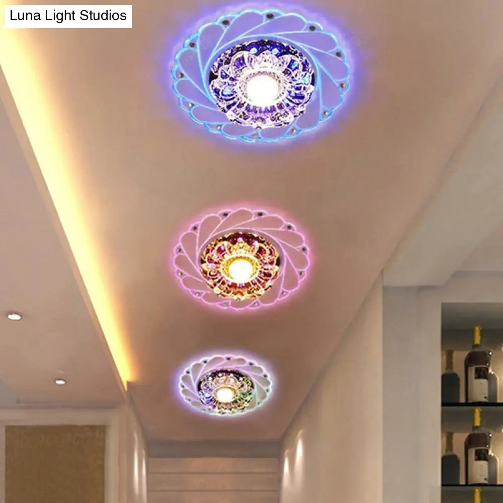 Sleek Crystal Flush Mount Ceiling Light With Led Flower Design For Entryway