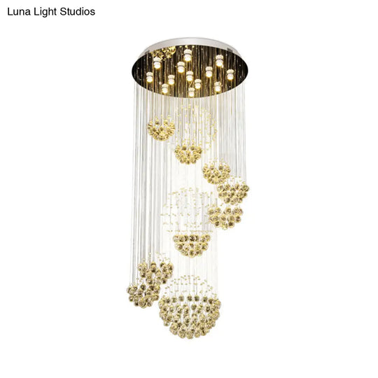 Modern Led Crystal Gold Cluster Pendant Light - Spiral Design With 13 Heads And Round Canopy