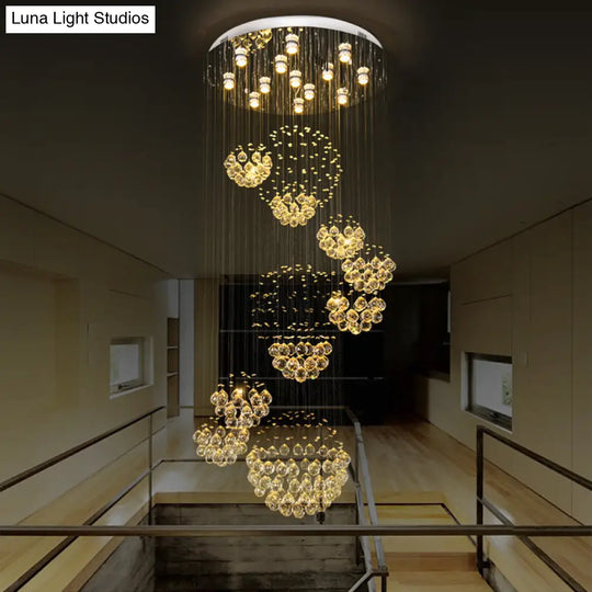 Modern Led Crystal Gold Cluster Pendant Light - Spiral Design With 13 Heads And Round Canopy