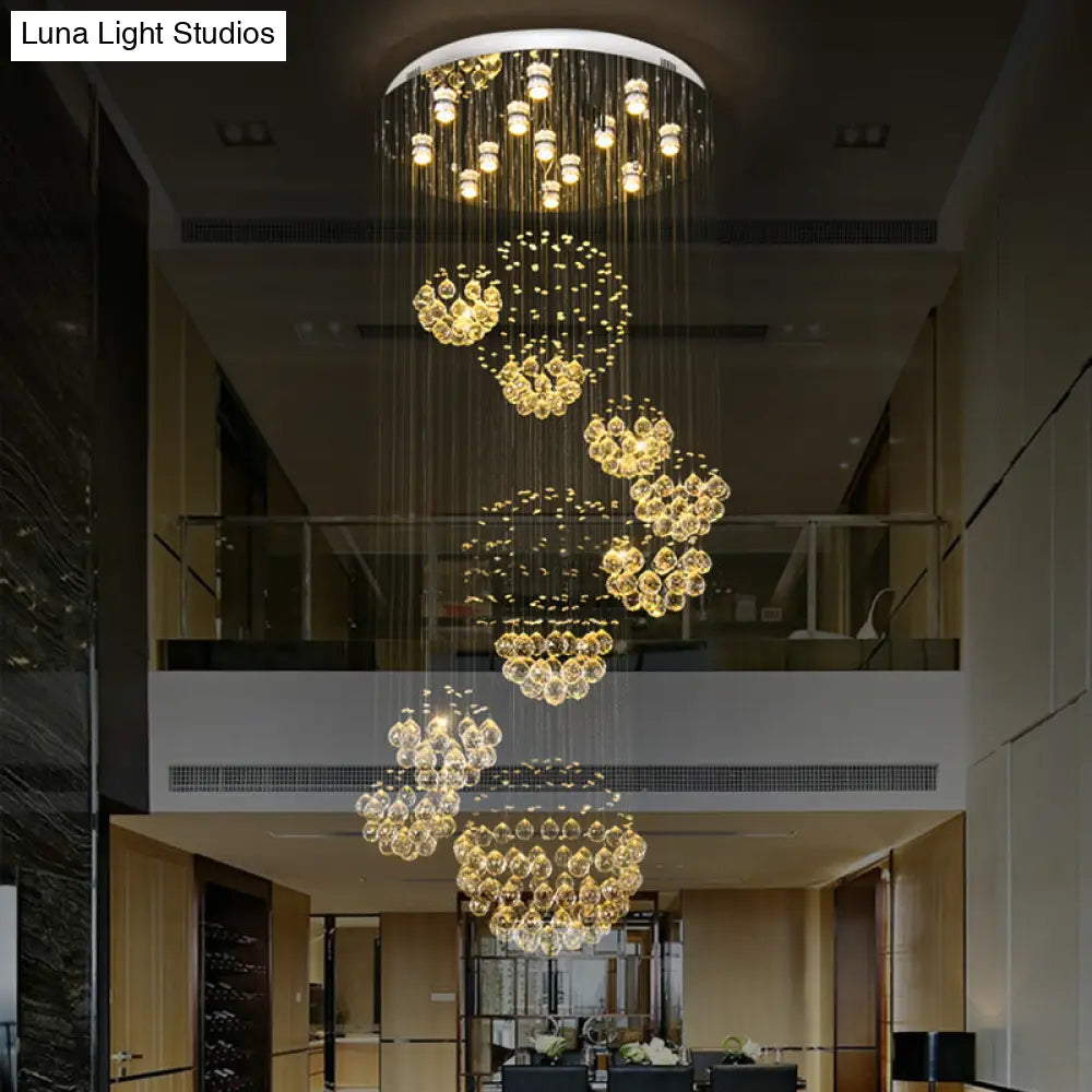 Modern Led Crystal Gold Cluster Pendant Light - Spiral Design With 13 Heads And Round Canopy