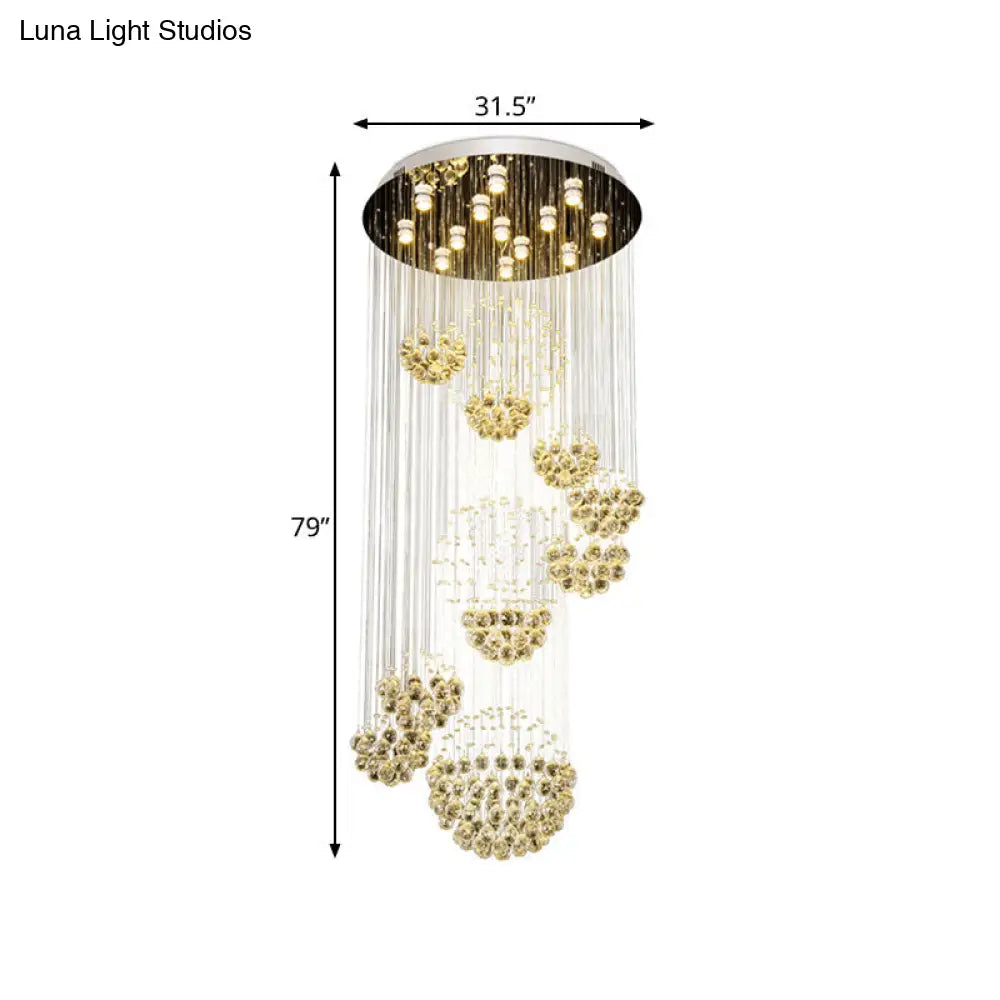 Modern Led Crystal Gold Cluster Pendant Light - Spiral Design With 13 Heads And Round Canopy