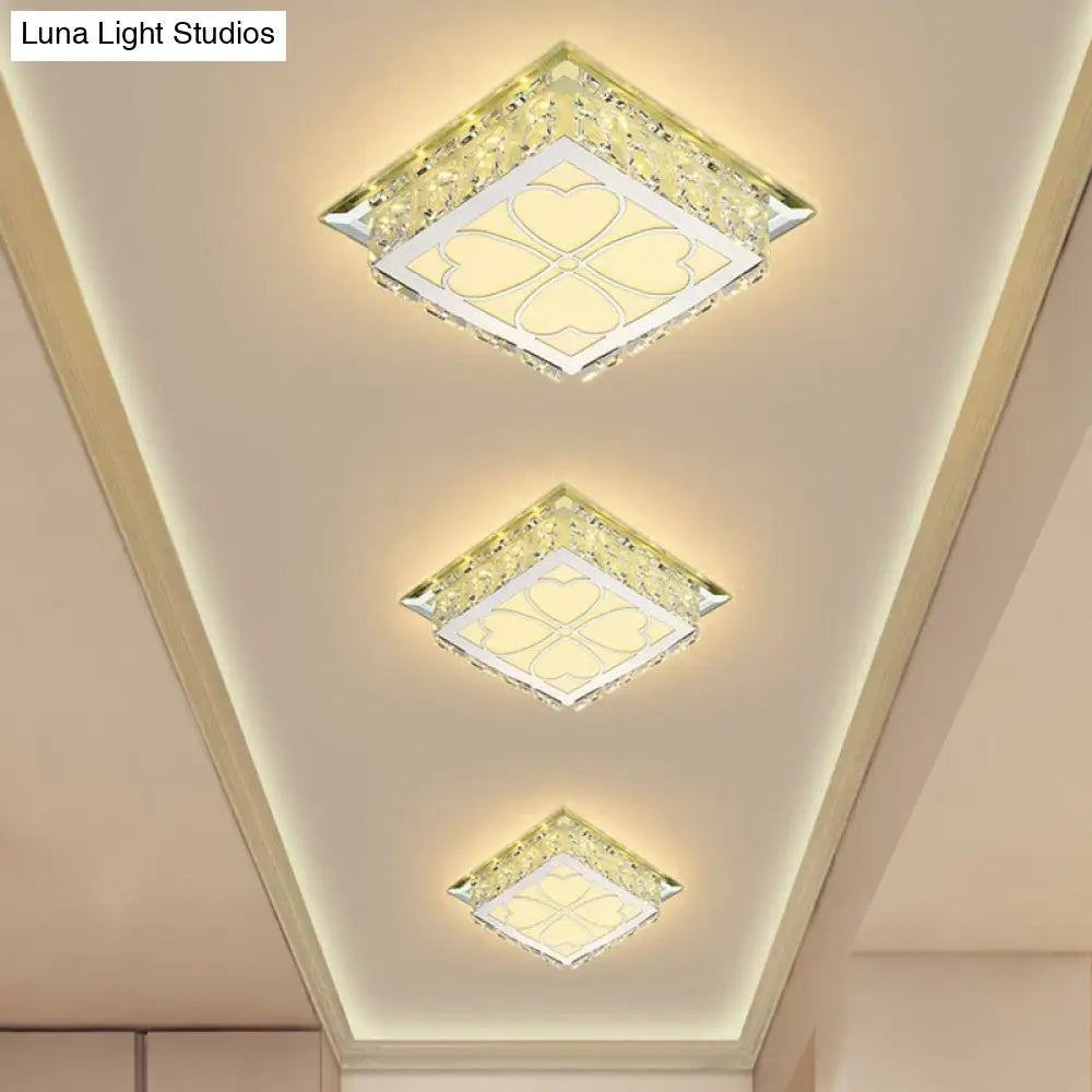 Sleek Crystal Led Flush Ceiling Light Stylish Square Design For Foyer Clear / Warm Loving Heart