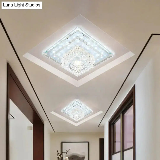 Sleek Crystal Led Foyer Ceiling Light - Geometric Design Chrome Flush Mount