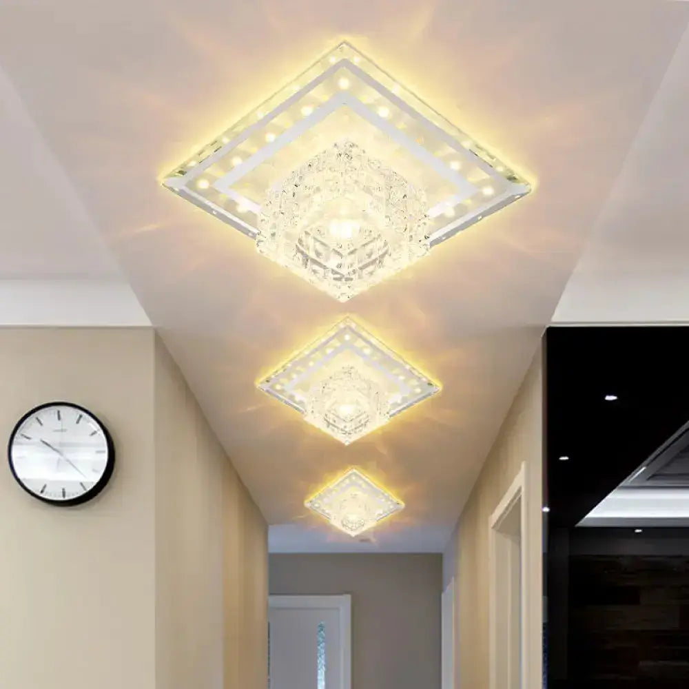 Sleek Crystal Led Foyer Ceiling Light - Geometric Design Chrome Flush Mount / Warm Square Plate