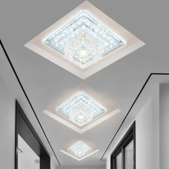 Sleek Crystal Led Foyer Ceiling Light - Geometric Design Chrome Flush Mount / White Square Plate