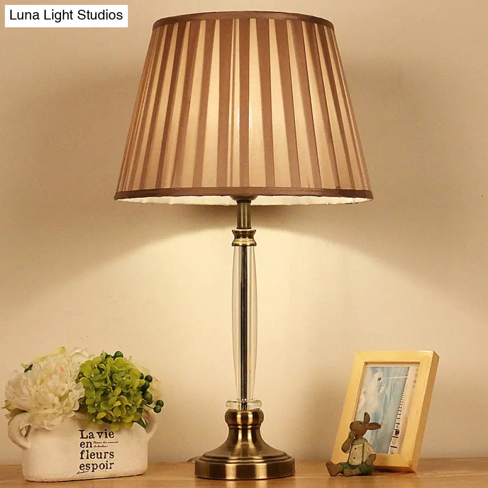 Sleek Crystal Nightstand Lamp With Pleated Lampshade - 1-Bulb Light Brown Night For Bedroom