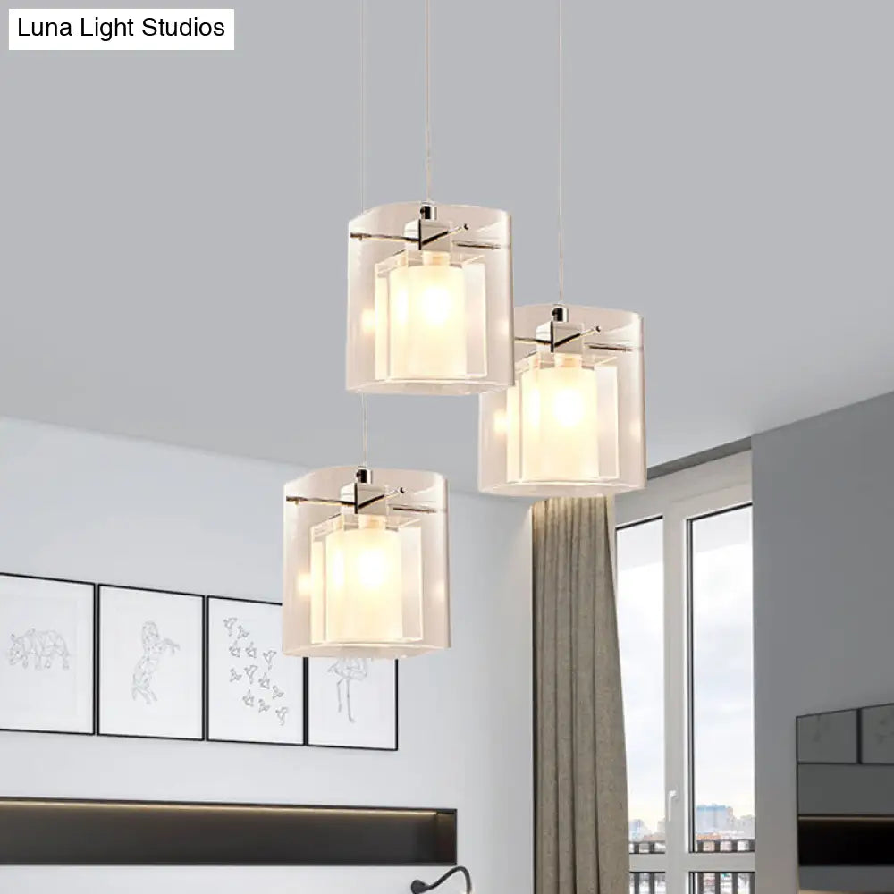 Sleek Crystal 3-Bulb Cuboidal Dining Hall Pendant Chrome Ceiling Light