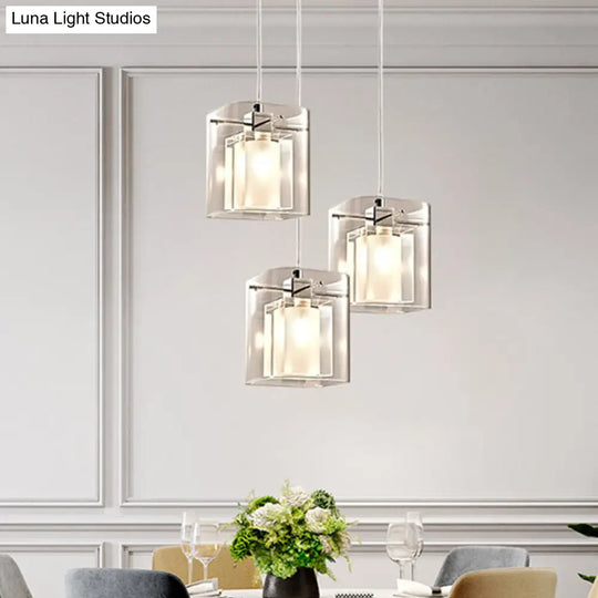 Sleek Crystal 3-Bulb Cuboidal Dining Hall Pendant Chrome Ceiling Light