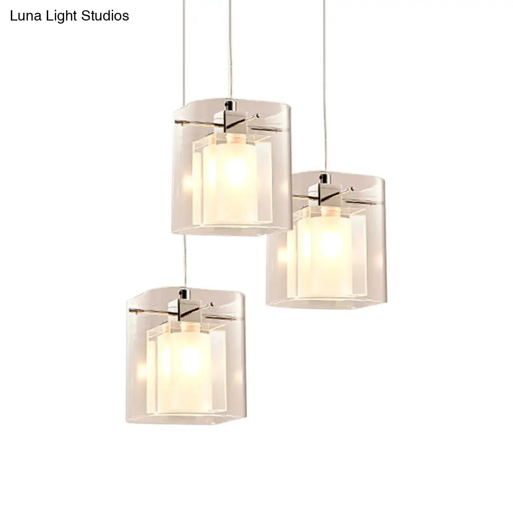 Sleek Crystal 3-Bulb Cuboidal Dining Hall Pendant Chrome Ceiling Light