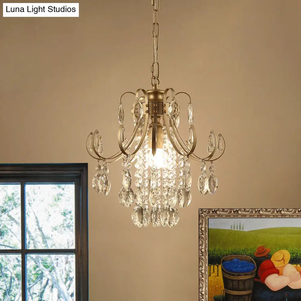 Sleek Crystal Strand Hanging Ceiling Light - Bent Arm Suspension Black/Gold Finish