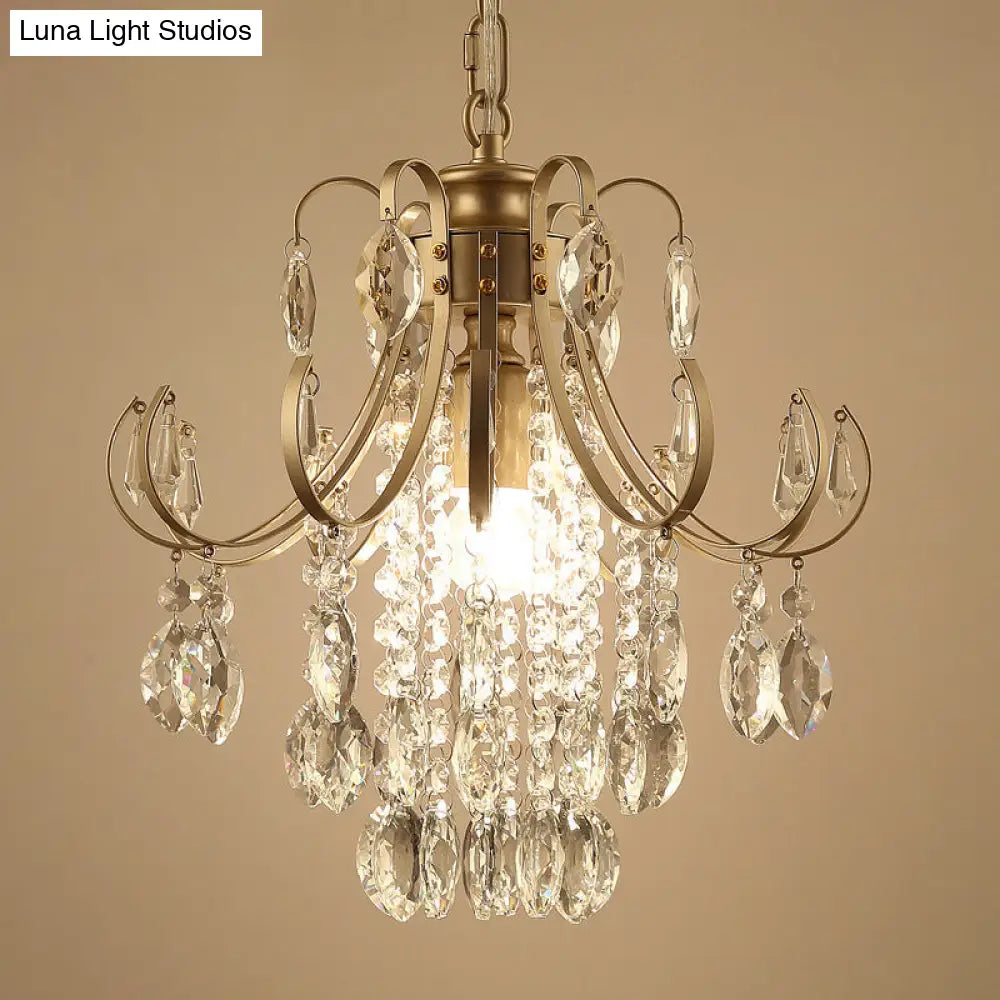 Sleek Crystal Strand Hanging Ceiling Light - Bent Arm Suspension Black/Gold Finish