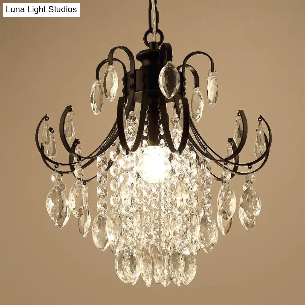 Sleek Crystal Strand Hanging Ceiling Light - Bent Arm Suspension Black/Gold Finish