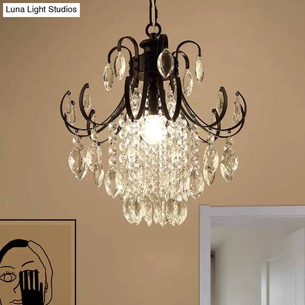 Sleek Crystal Strand Hanging Ceiling Light - Bent Arm Suspension Black/Gold Finish Black