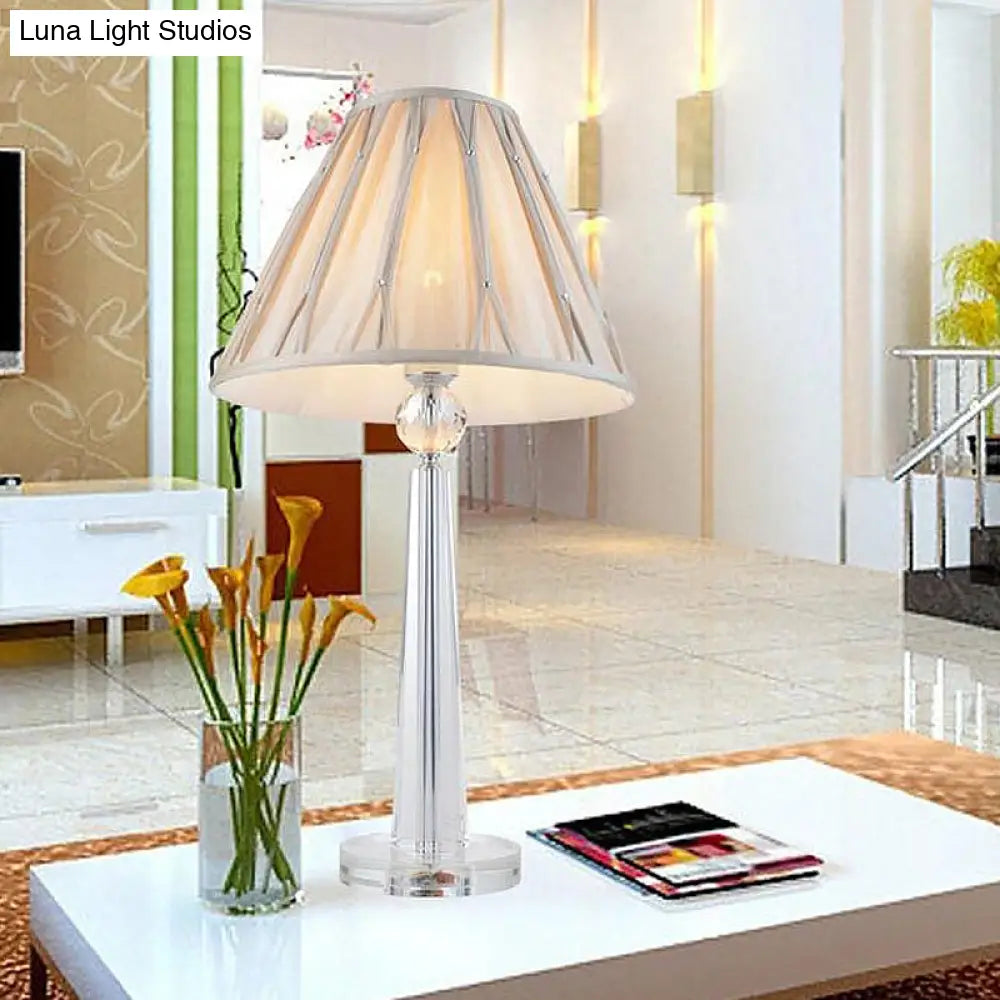 Sleek Crystal Task Lamp With Wide Flare Simplicity Fabric Beige Nightstand Light For Bedside