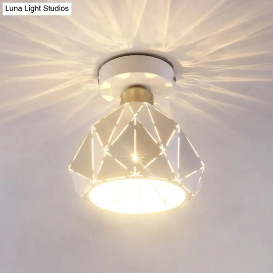 Sleek Diamond Iron Semi Flush Light: 1 Light Contemporary White Finish Ceiling Lamp For Corridor