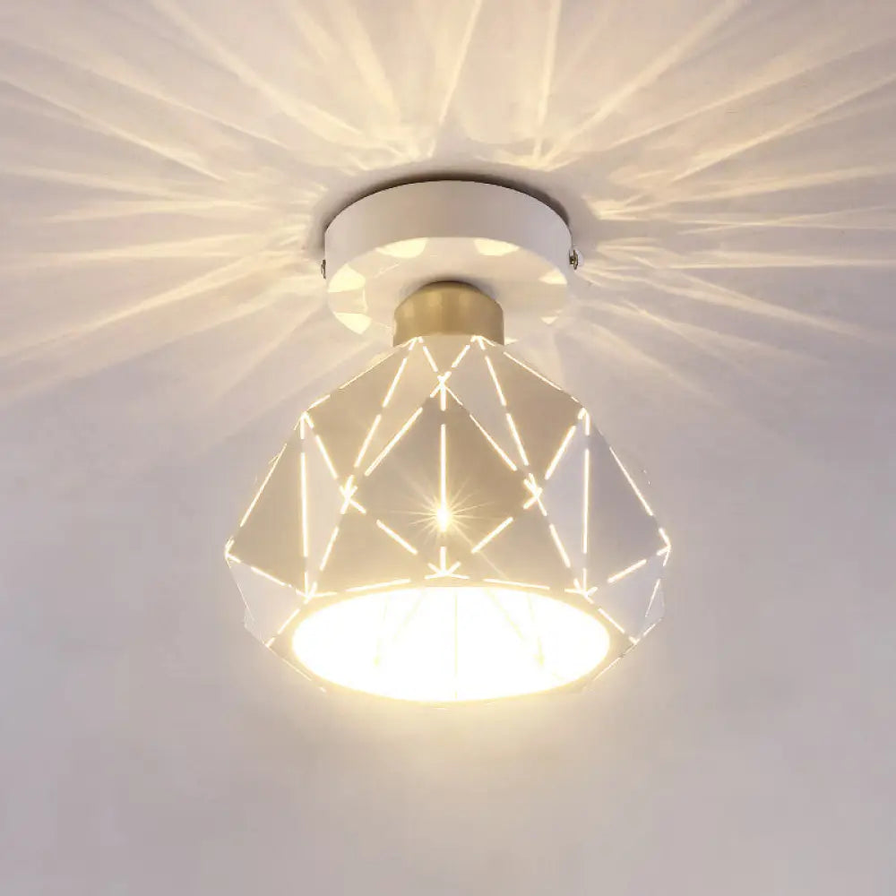 Sleek Diamond Iron Semi Flush Light: 1 Light Contemporary White Finish Ceiling Lamp For Corridor