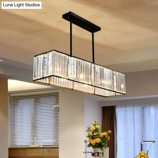 Sleek Dining Room Crystal Chandelier - Rectangle Prismatic Design 4 Bulb Island Pendant Light