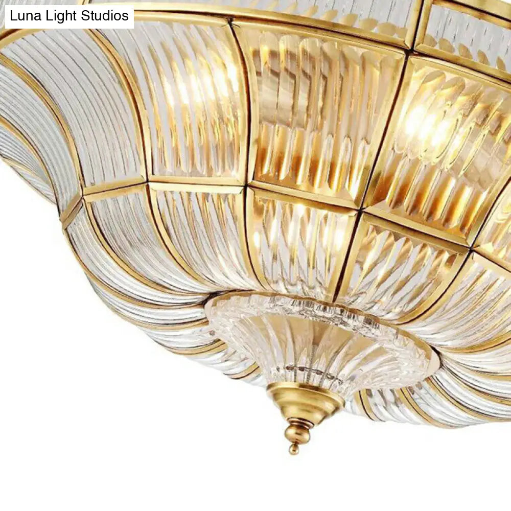Sleek Dome Flushmount Lighting: Clear Ribbed Glass Ceiling Flush Mount In Brass For Living Room -