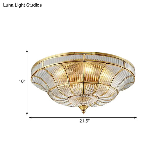 Sleek Dome Flushmount Lighting: Clear Ribbed Glass Ceiling Flush Mount In Brass For Living Room -